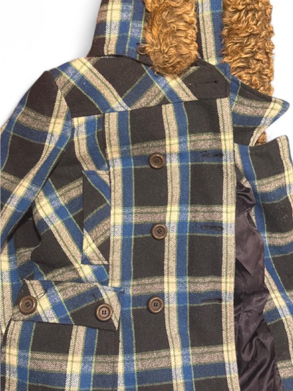VINTAGE 90’s Y2K Plaid Hooded Double-Breasted Flannel Coat in Blue and Gray - Picture 4 of 7